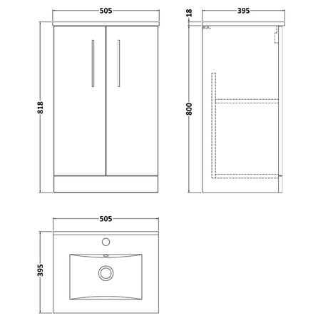Nuie Arno 500mm Floor Standing 2 Door Vanity Unit & Basin Satin Grey ARN2201B LD