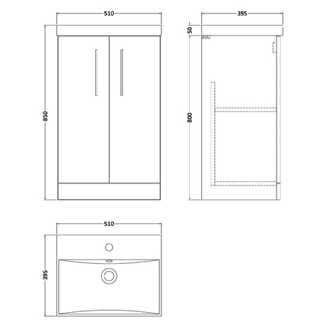 Nuie Arno 500mm Floor Standing 2 Door Vanity Unit & Basin Satin Grey ARN2201D LD