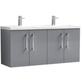 Nuie Arno 1200mm Wall Hung 4 Door Vanity Unit & Double Basin Satin Grey ARN2223F
