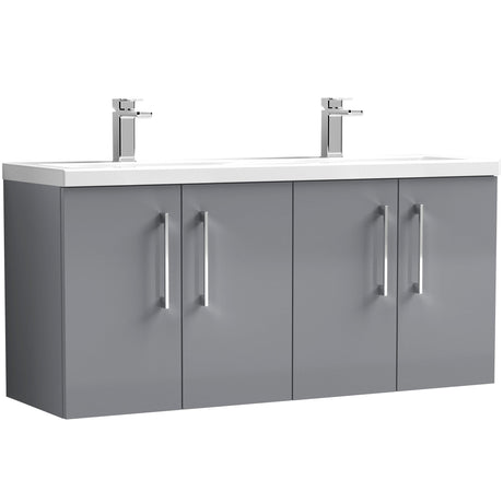 Nuie Arno 1200mm Wall Hung 4 Door Vanity Unit & Double Basin Satin Grey ARN2223F
