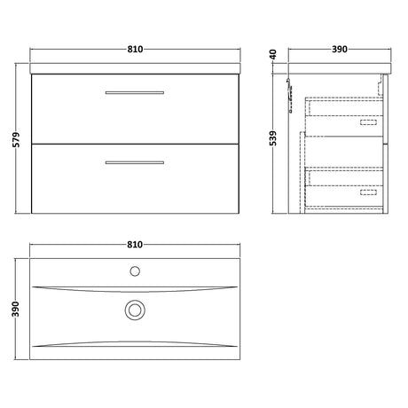 Nuie Arno 800mm Wall Hung 2 Drawer Vanity Unit & Basin Satin Grey ARN2226A LD