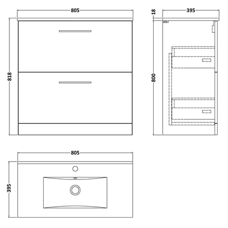 Nuie Arno 800mm Floor Standing 2 Drawer Vanity Unit & Basin Satin Grey ARN2235B LD