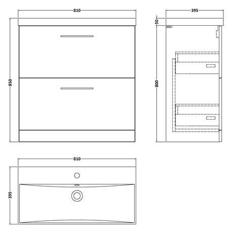 Nuie Arno 800mm Floor Standing 2 Drawer Vanity Unit & Basin Satin Grey ARN2235D LD