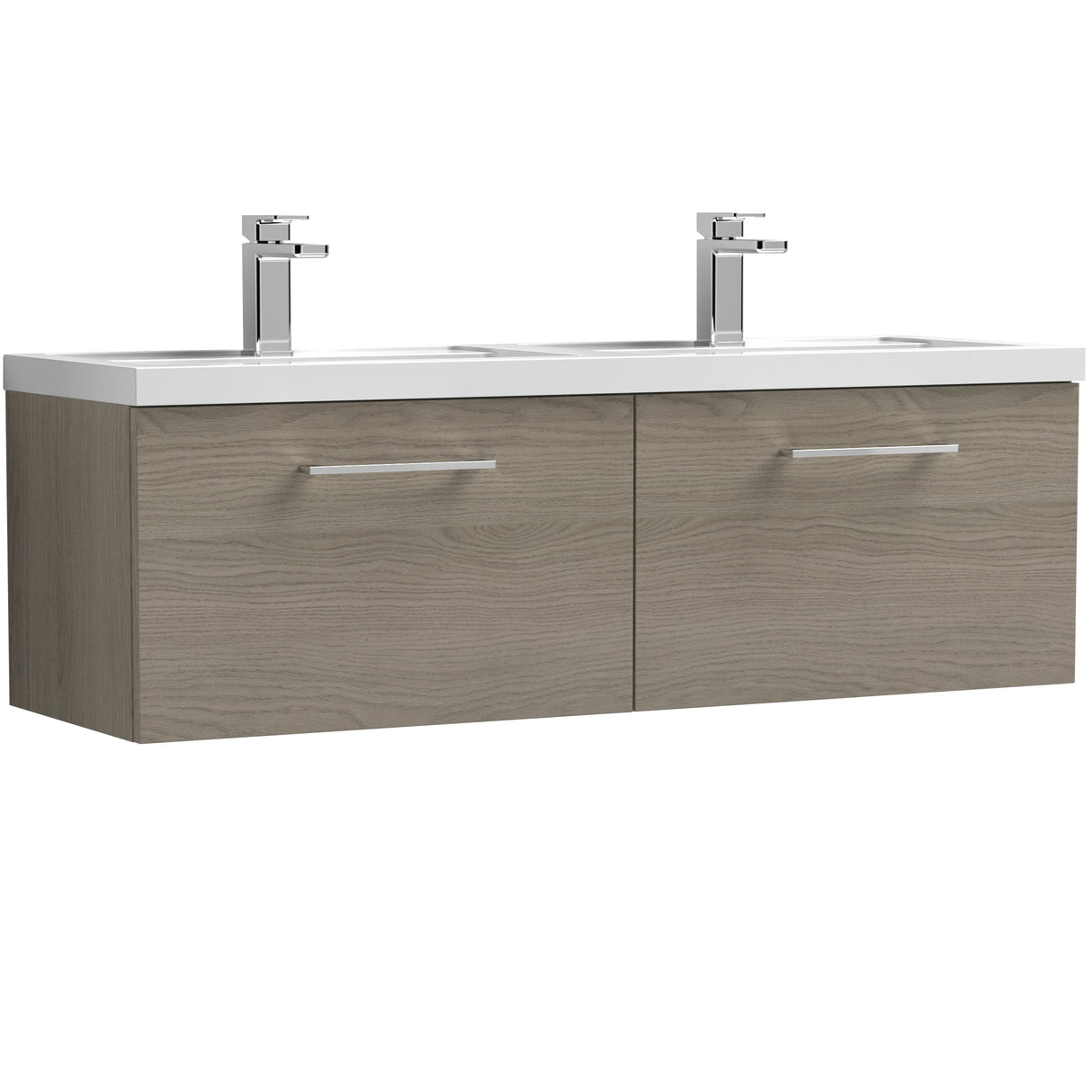 Nuie Arno 1200mm Wall Hung 2 Drawer Vanity Unit & Double Basin Solace Oak ARN2522C
