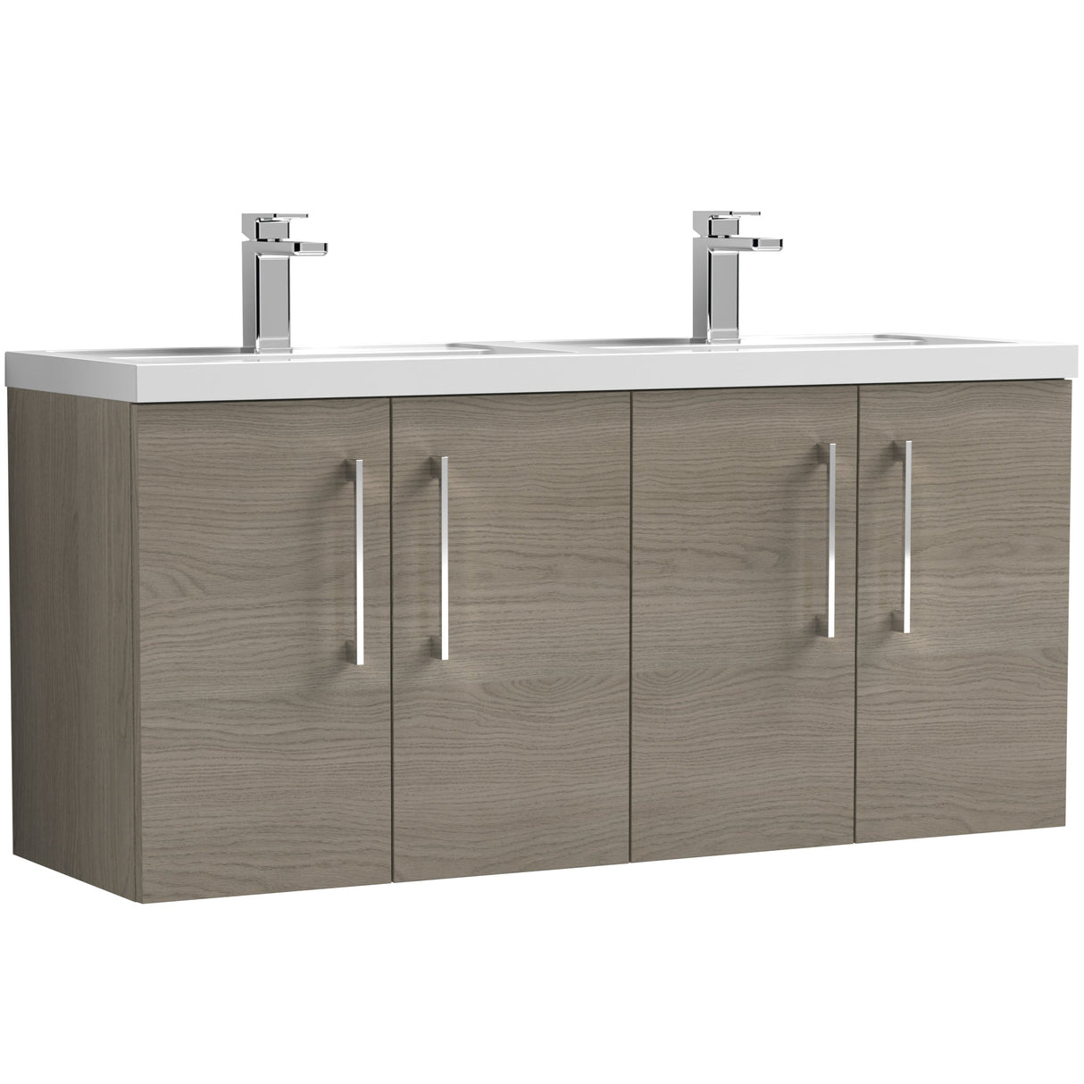 Nuie Arno 1200mm Wall Hung 4 Door Vanity Unit & Double Basin Solace Oak ARN2523C