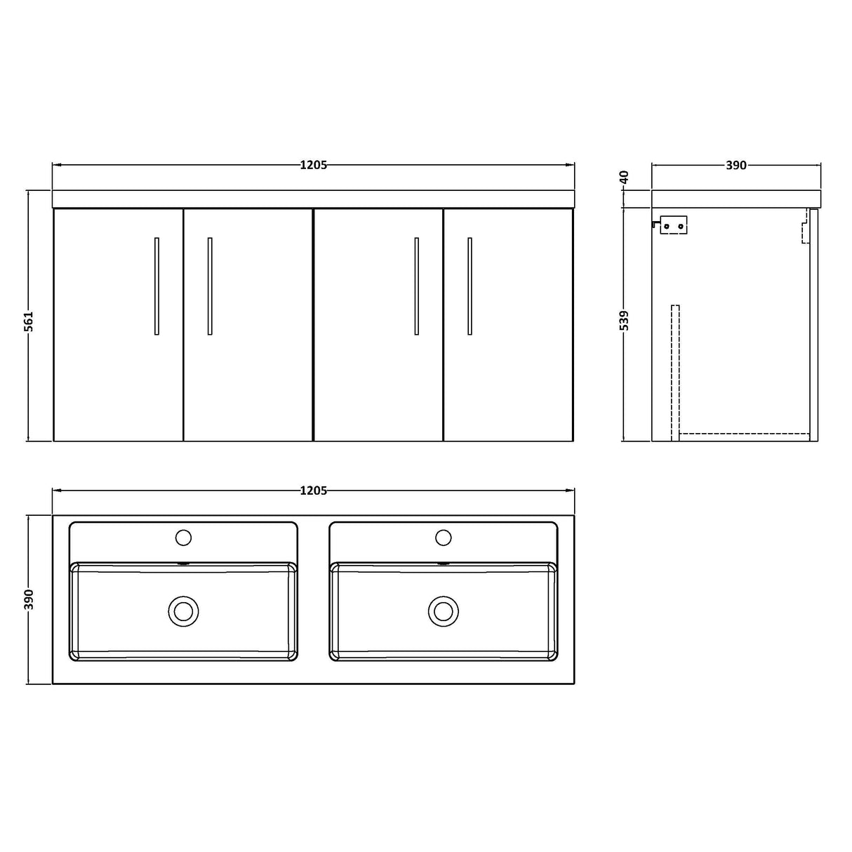 Nuie Arno 1200mm Wall Hung 4 Door Vanity Unit & Double Basin Solace Oak ARN2523C LD
