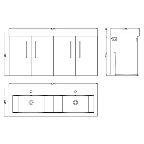 Nuie Arno 1200mm Wall Hung 4 Door Vanity Unit & Double Basin Solace Oak ARN2523F LD