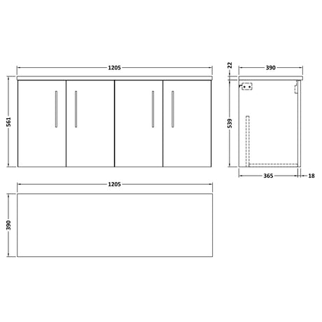 Nuie Arno 1200mm Wall Hung 4 Door Countertop Vanity Unit Solace Oak ARN2523LBG2 LD