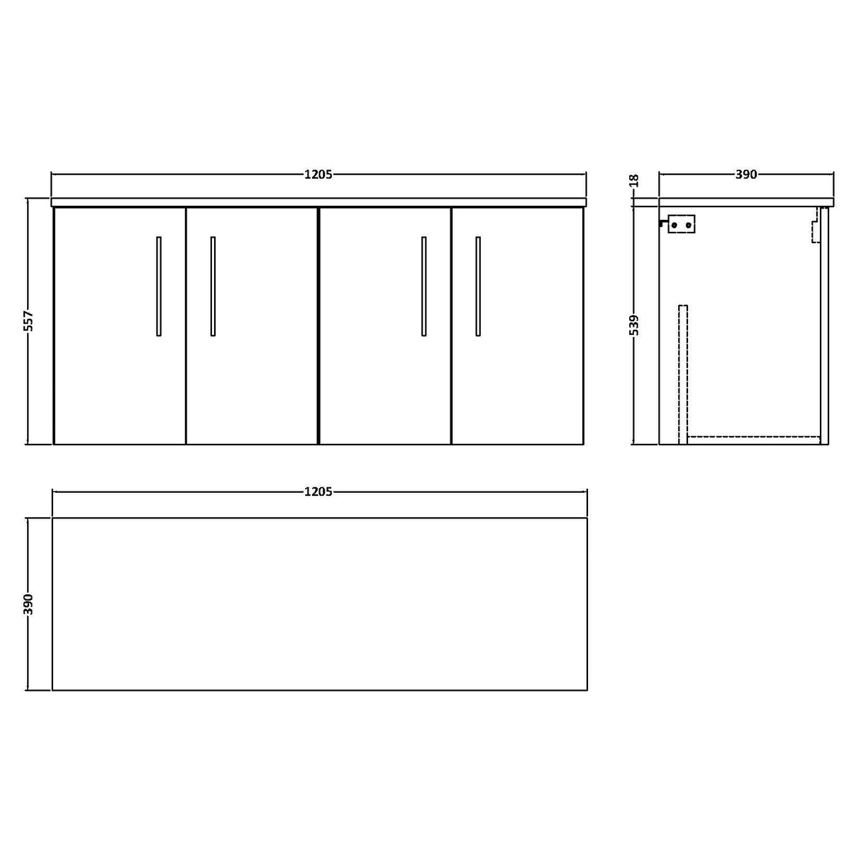 Nuie Arno 1200mm Wall Hung 4 Door Countertop Vanity Unit Solace Oak ARN2523W2 LD