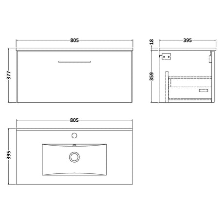Nuie Arno 800mm Wall Hung 1 Drawer Vanity Unit & Basin Solace Oak ARN2525B LD