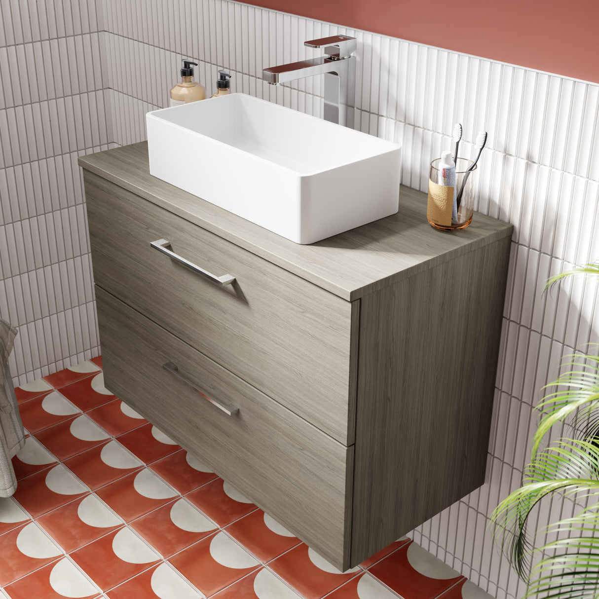 Nuie Arno 800mm Wall Hung 2 Drawer Countertop Vanity Unit Solace Oak ARN2526W LS