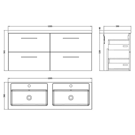 Nuie Arno 1200mm Wall Hung 4 Drawer Vanity Unit & Double Basin Midnight Blue ARN2924C LD
