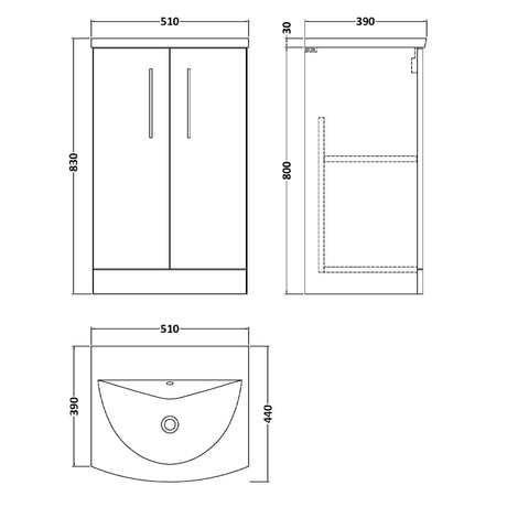 Nuie Arno 500mm Floor Standing 2 Door Vanity Unit & Basin Bleached Oak ARN3001G LD