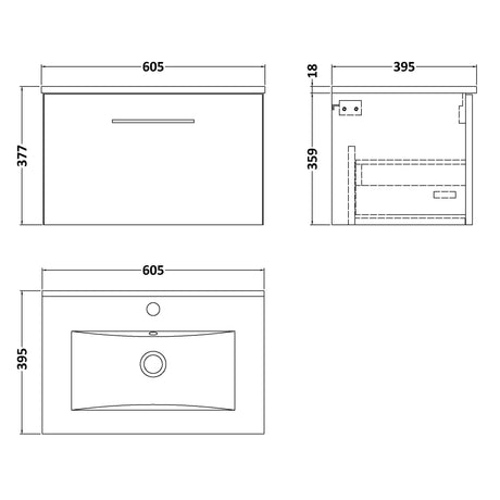 Nuie Arno 600mm Wall Hung 1 Drawer Vanity Unit & Basin Bleached Oak ARN3022B LD
