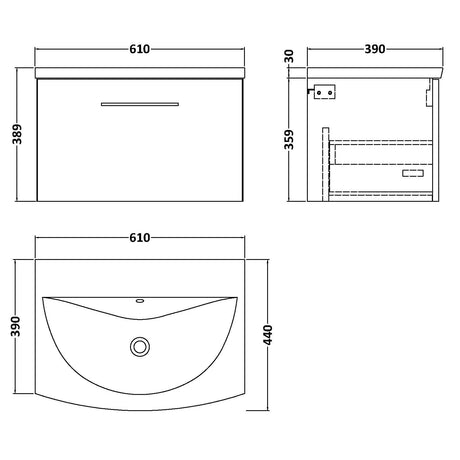 Nuie Arno 600mm Wall Hung 1 Drawer Vanity Unit & Basin Bleached Oak ARN3022G LD
