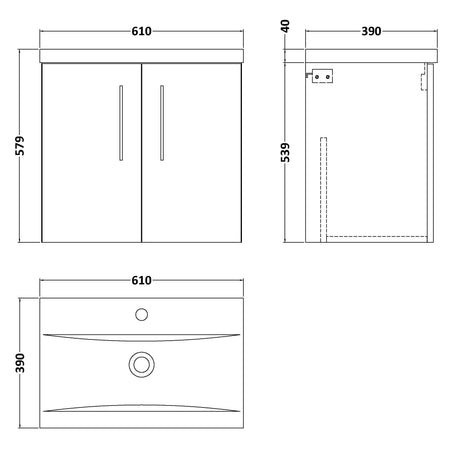 Nuie Arno 600mm Wall Hung 2 Door Vanity Unit & Basin Bleached Oak ARN3023A LD
