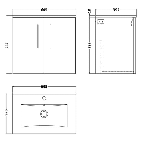 Nuie Arno 600mm Wall Hung 2 Door Vanity Unit & Basin Bleached Oak ARN3023B LD