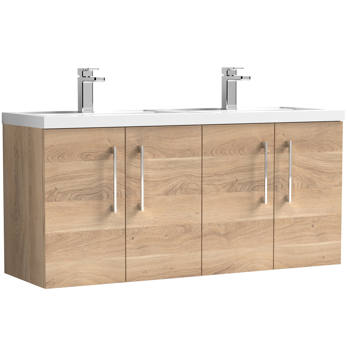 Nuie Arno 1200mm Wall Hung 4 Door Vanity Unit & Double Basin Bleached Oak ARN3023C