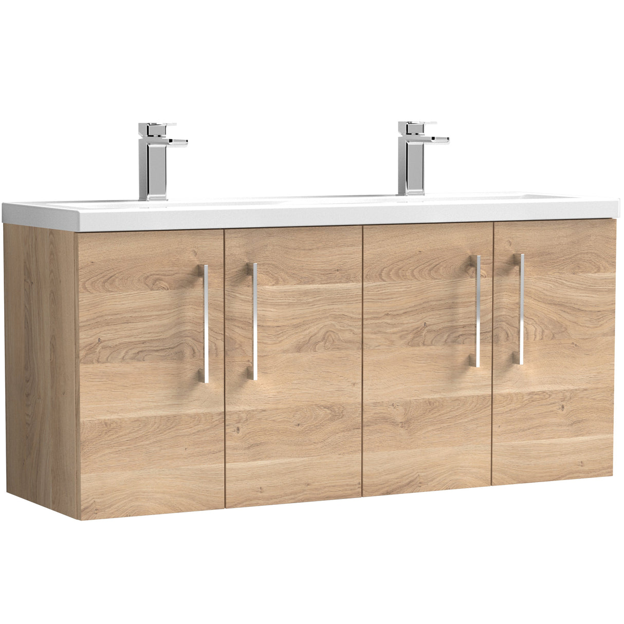 Nuie Arno 1200mm Wall Hung 4 Door Vanity Unit & Double Basin Bleached Oak ARN3023F