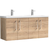 Nuie Arno 1200mm Wall Hung 4 Door Vanity Unit & Double Basin Bleached Oak ARN3023F