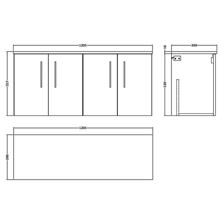 Nuie Arno 1200mm Wall Hung 4 Door Countertop Vanity Unit Bleached Oak ARN3023W2 LD