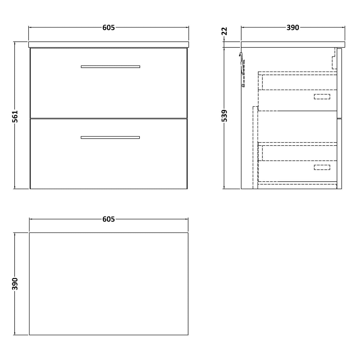 Nuie Arno 600mm Wall Hung 2 Drawer Countertop Vanity Unit Bleached Oak ARN3024LCM LD