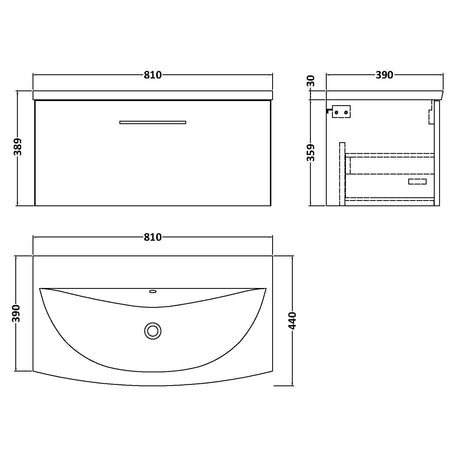 Nuie Arno 800mm Wall Hung 1 Drawer Vanity Unit & Basin Bleached Oak ARN3025G LD
