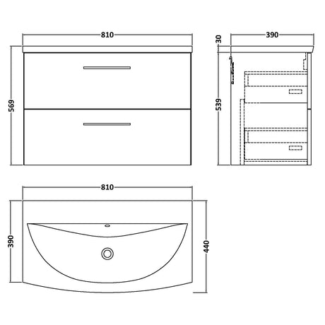 Nuie Arno 800mm Wall Hung 2 Drawer Vanity Unit & Basin Bleached Oak ARN3026G LD