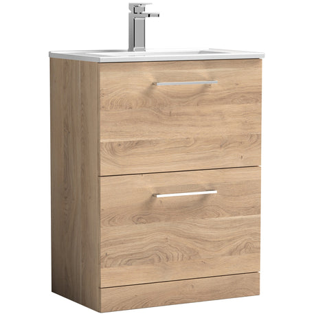 Nuie Arno 600mm Floor Standing 2 Drawer Vanity Unit & Basin Bleached Oak ARN3033B