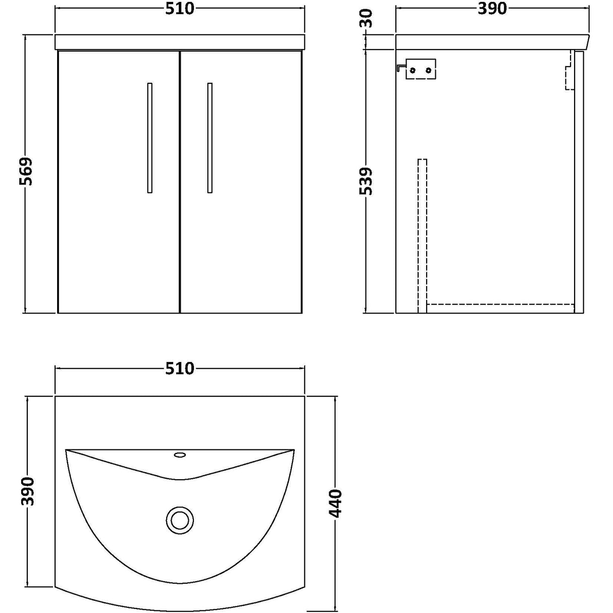 Nuie Arno 500mm Wall Hung 2 Door Vanity Unit & Basin Anthracite Woodgrain ARN521G LD