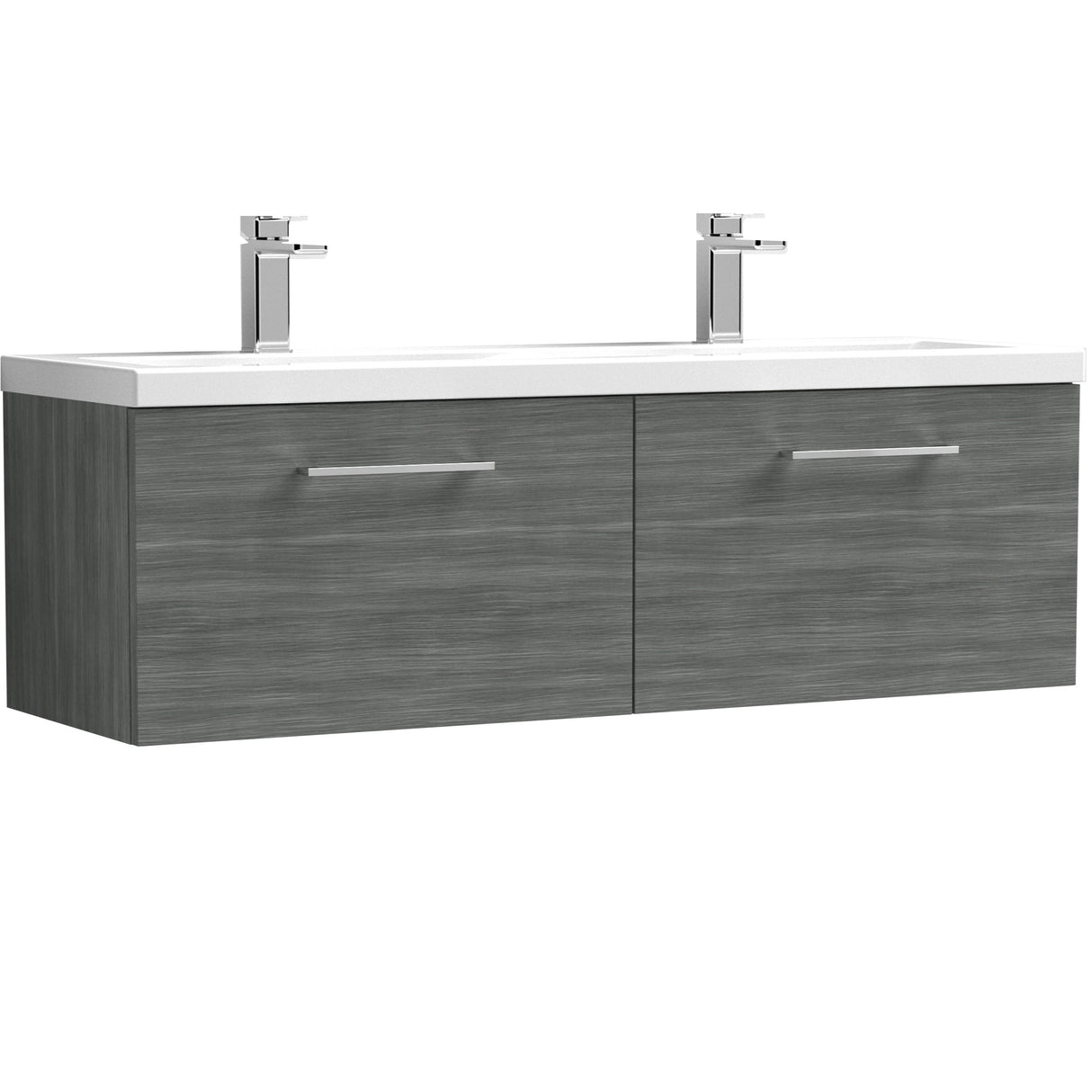 Nuie Arno 1200mm Wall Hung 2 Drawer Vanity Unit & Double Basin Anthracite Woodgrain ARN522F