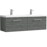 Nuie Arno 1200mm Wall Hung 2 Drawer Vanity Unit & Double Basin Anthracite Woodgrain ARN522F