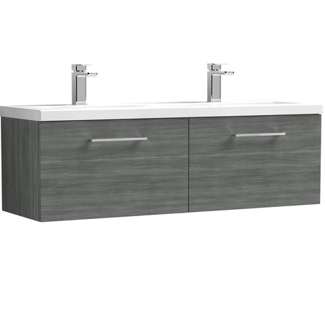 Nuie Arno 1200mm Wall Hung 2 Drawer Vanity Unit & Double Basin Anthracite Woodgrain ARN522F