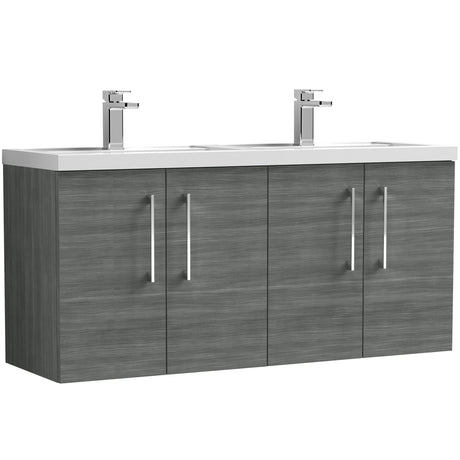 Nuie Arno 1200mm Wall Hung 4 Door Vanity Unit & Double Basin Anthracite Woodgrain ARN523C