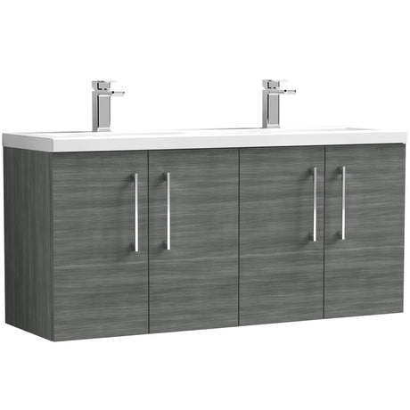Nuie Arno 1200mm Wall Hung 4 Door Vanity Unit & Double Basin Anthracite Woodgrain ARN523F