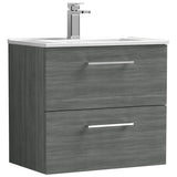 Nuie Arno 600mm Wall Hung 2 Drawer Vanity Unit & Basin Anthracite Woodgrain ARN524B