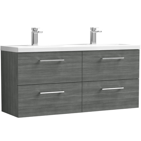 Nuie Arno 1200mm Wall Hung 4 Drawer Vanity Unit & Double Basin Anthracite Woodgrain ARN524F