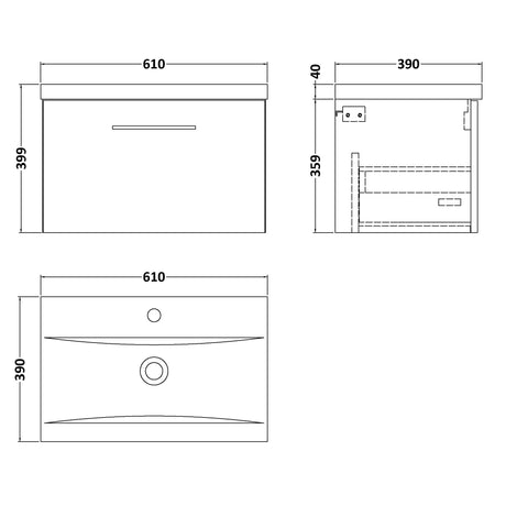 Nuie Arno 600mm Wall Hung 1 Drawer Vanity Unit & Basin Charcoal Black ARN622A LD