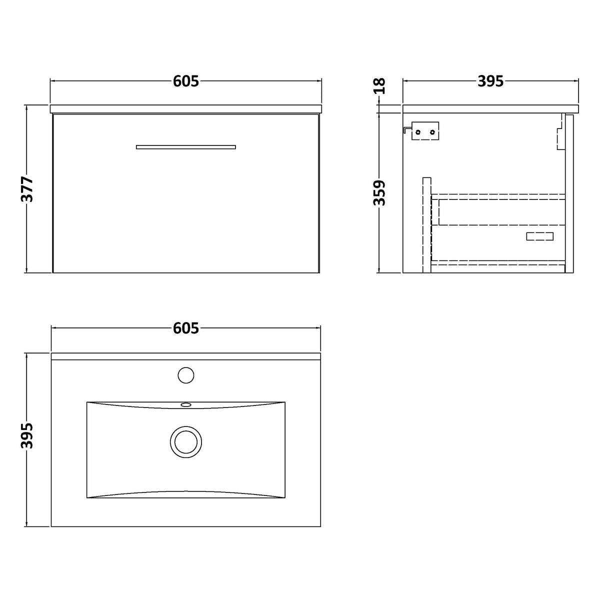 Nuie Arno 600mm Wall Hung 1 Drawer Vanity Unit & Basin Charcoal Black ARN622B LD