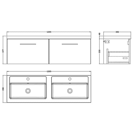 Nuie Arno 1200mm Wall Hung 2 Drawer Vanity Unit & Double Basin Charcoal Black ARN622C LD