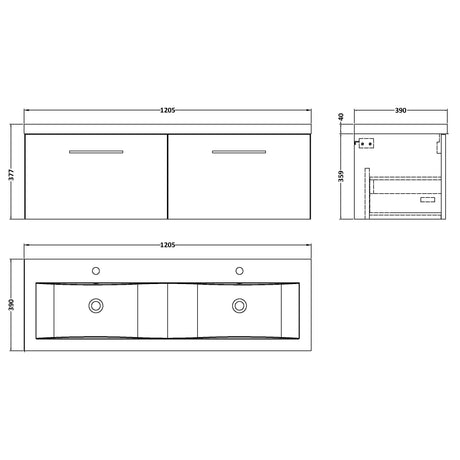Nuie Arno 1200mm Wall Hung 2 Drawer Vanity Unit & Double Basin Charcoal Black ARN622F LD