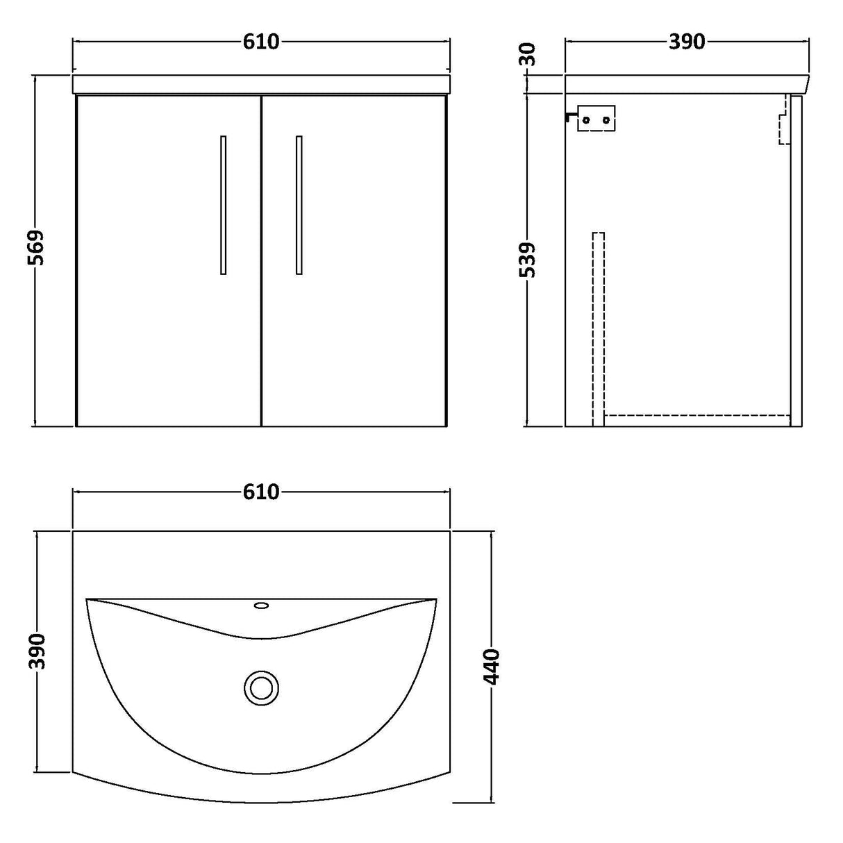 Nuie Arno 600mm Wall Hung 2 Door Vanity Unit & Basin Charcoal Black ARN623G LD