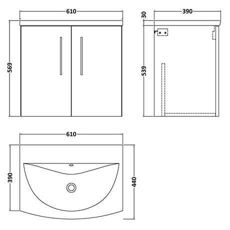 Nuie Arno 600mm Wall Hung 2 Door Vanity Unit & Basin Charcoal Black ARN623G LD