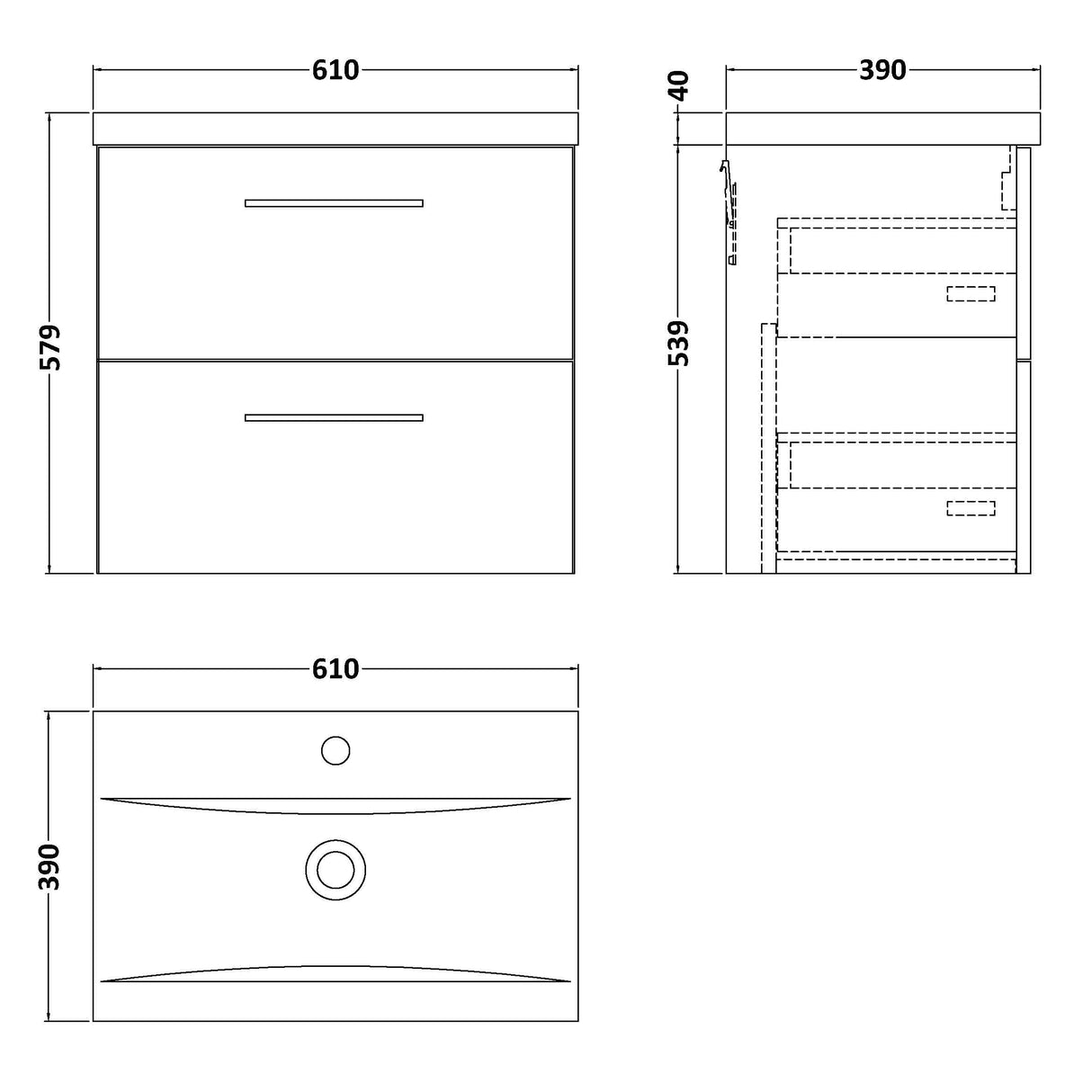 Nuie Arno 600mm Wall Hung 2 Drawer Vanity Unit & Basin Charcoal Black ARN624A LD