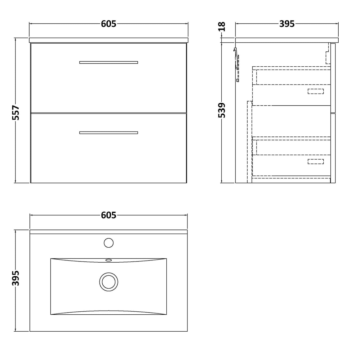 Nuie Arno 600mm Wall Hung 2 Drawer Vanity Unit & Basin Charcoal Black ARN624B LD