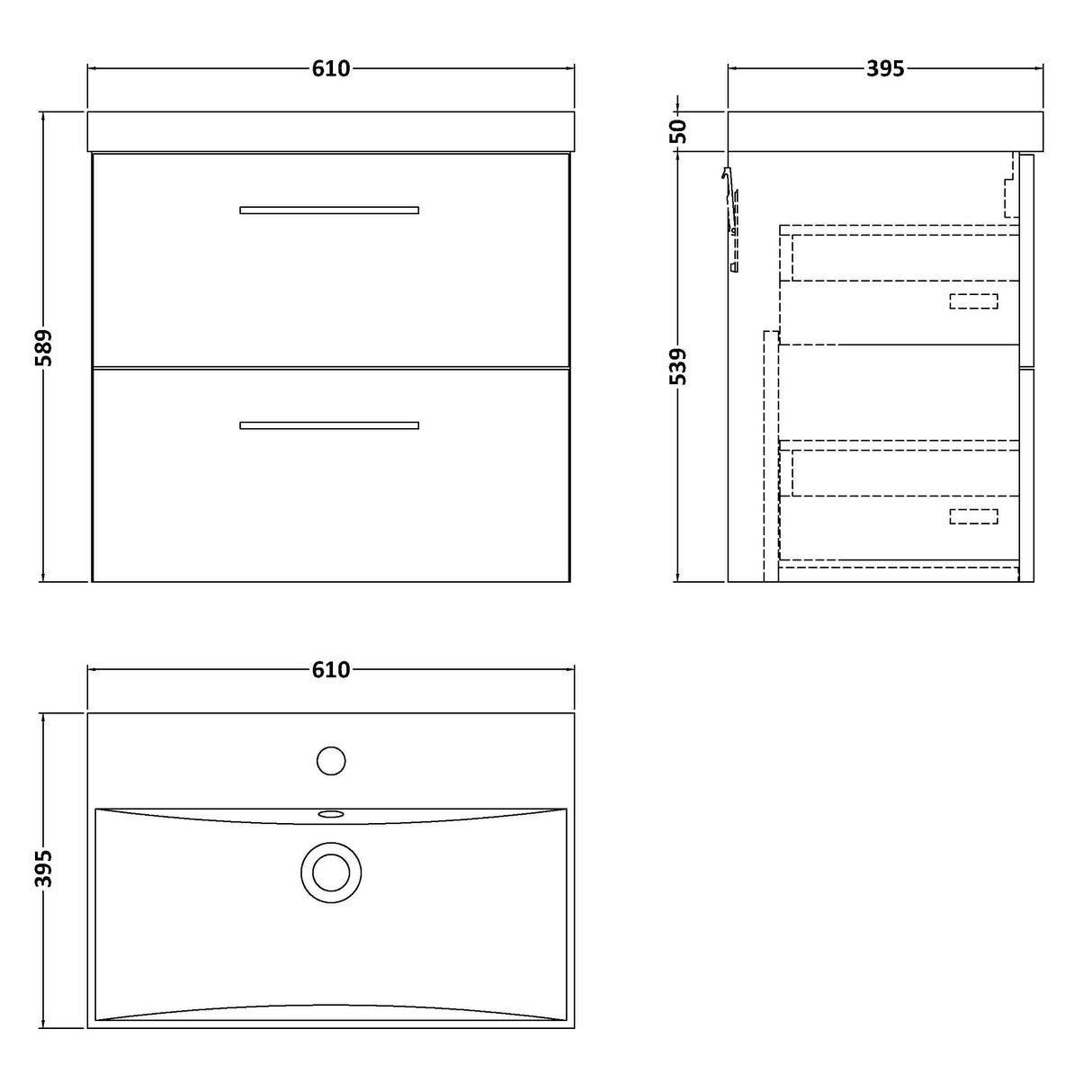 Nuie Arno 600mm Wall Hung 2 Drawer Vanity Unit & Basin Charcoal Black ARN624D LD