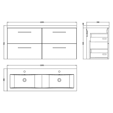 Nuie Arno 1200mm Wall Hung 4 Drawer Vanity Unit & Double Basin Charcoal Black ARN624F LD