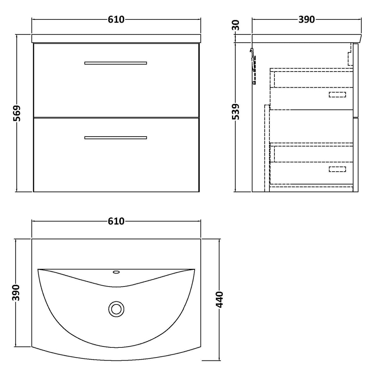 Nuie Arno 600mm Wall Hung 2 Drawer Vanity Unit & Basin Charcoal Black ARN624G LD