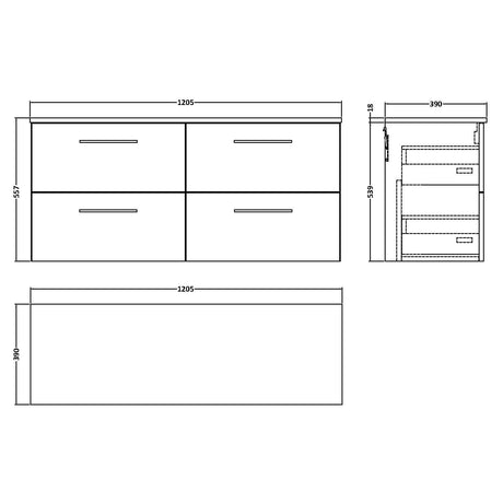 Nuie Arno 1200mm Wall Hung 4 Drawer Countertop Vanity Unit Charcoal Black ARN624W2 LD