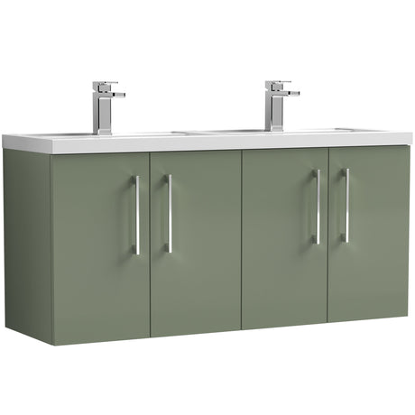 Nuie Arno 1200mm Wall Hung 4 Door Vanity Unit & Double Basin Satin Green ARN823C